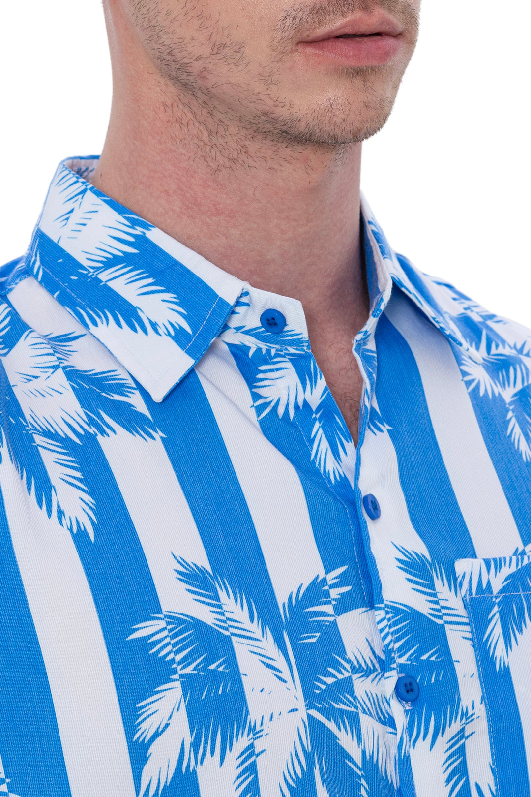 HAPPY BAY Mens Hawaiian Shirts Blue Palm Stripes P07617