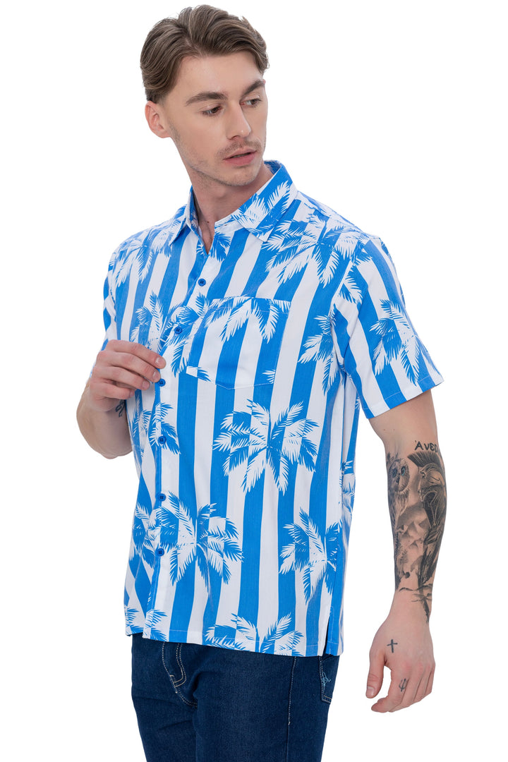 HAPPY BAY Mens Hawaiian Shirts Blue Palm Stripes P07617