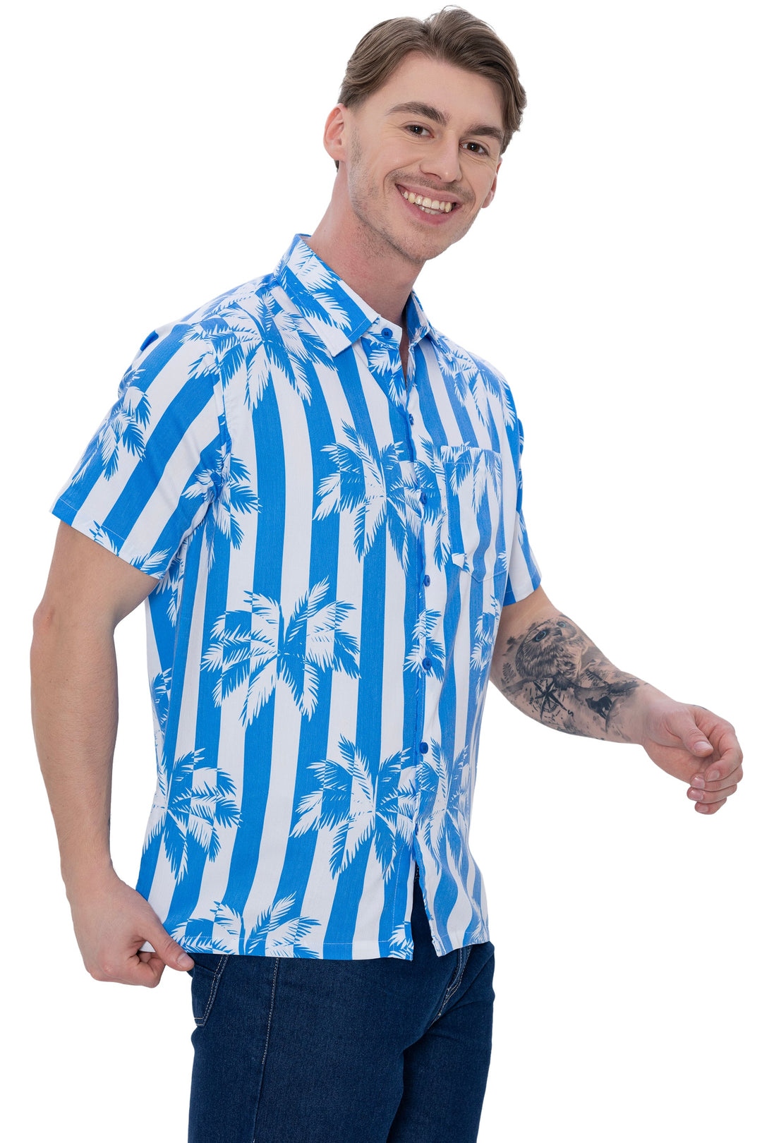 HAPPY BAY Mens Hawaiian Shirts Blue Palm Stripes P07617