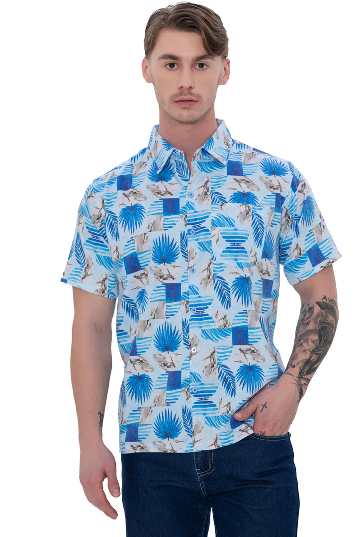 HAPPY BAY Mens Hawaiian Shirts Blue Allover Leafs P07618