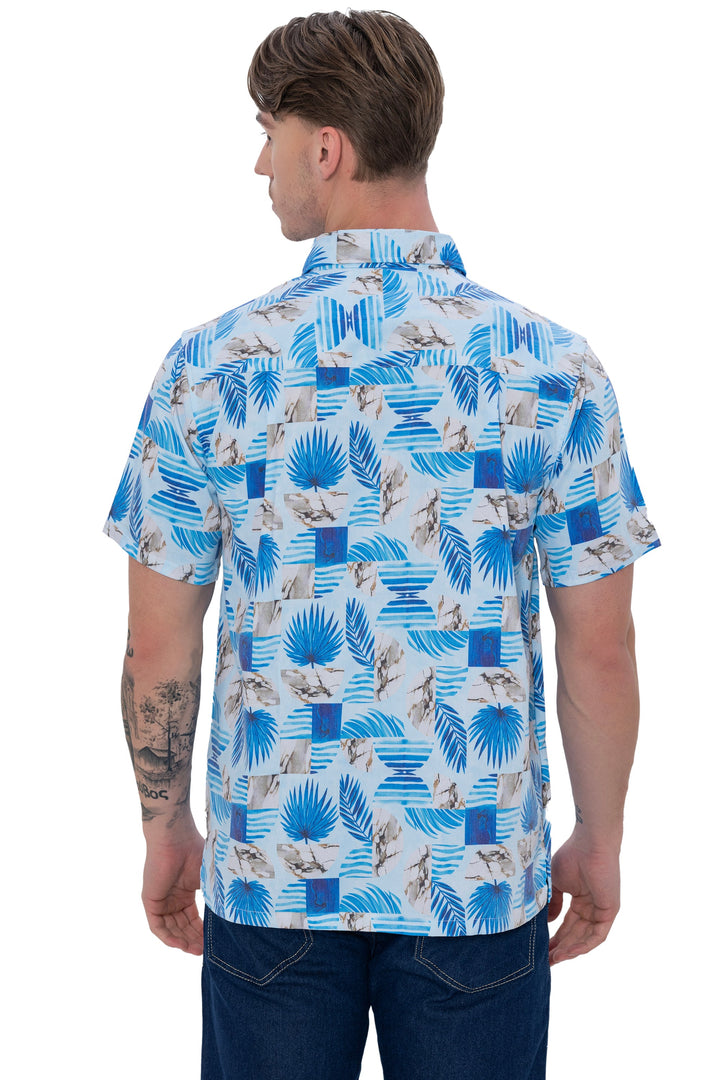 HAPPY BAY Mens Hawaiian Shirts Blue Allover Leafs P07618