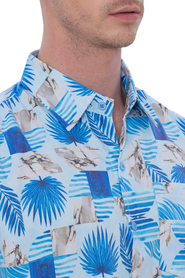HAPPY BAY Mens Hawaiian Shirts Blue Allover Leafs P07618