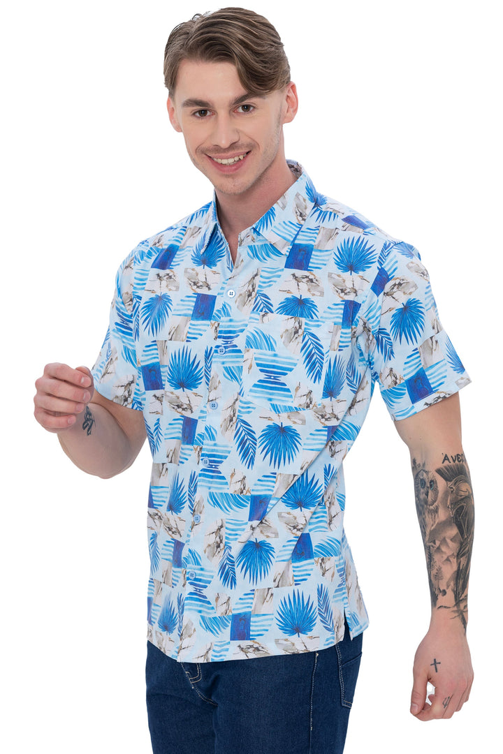 HAPPY BAY Mens Hawaiian Shirts Blue Allover Leafs P07618