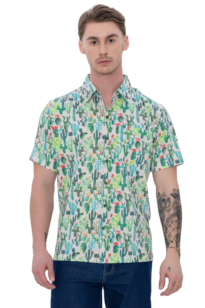 HAPPY BAY Mens Hawaiian Shirts Green Cactus P07619