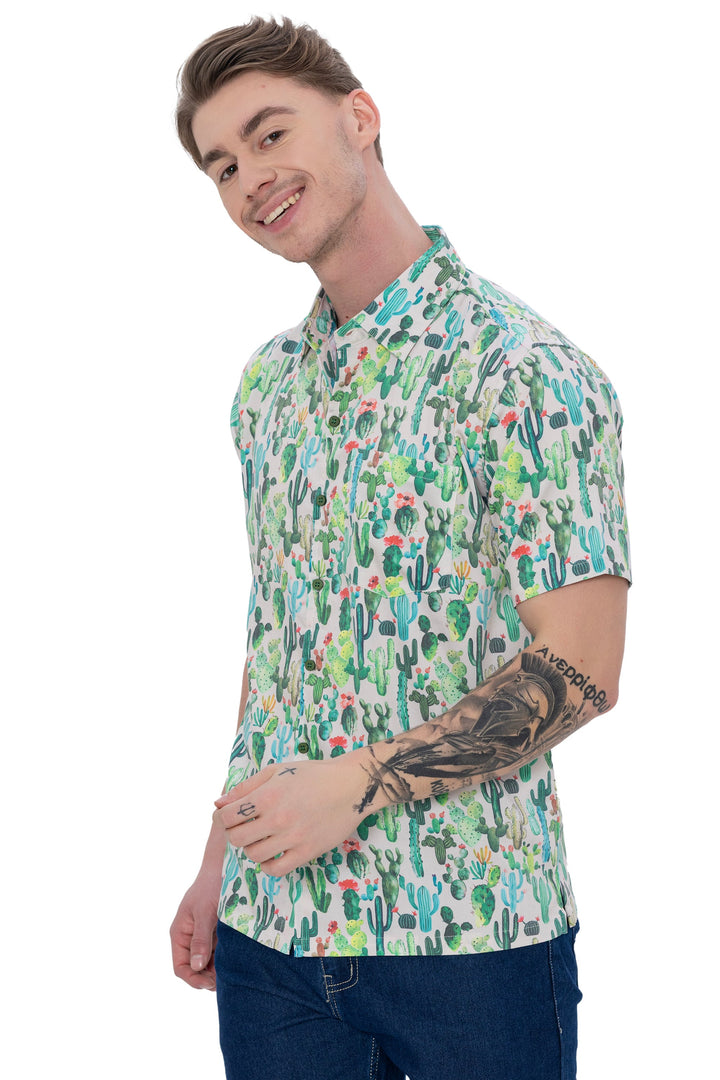 HAPPY BAY Mens Hawaiian Shirts Green Cactus P07619
