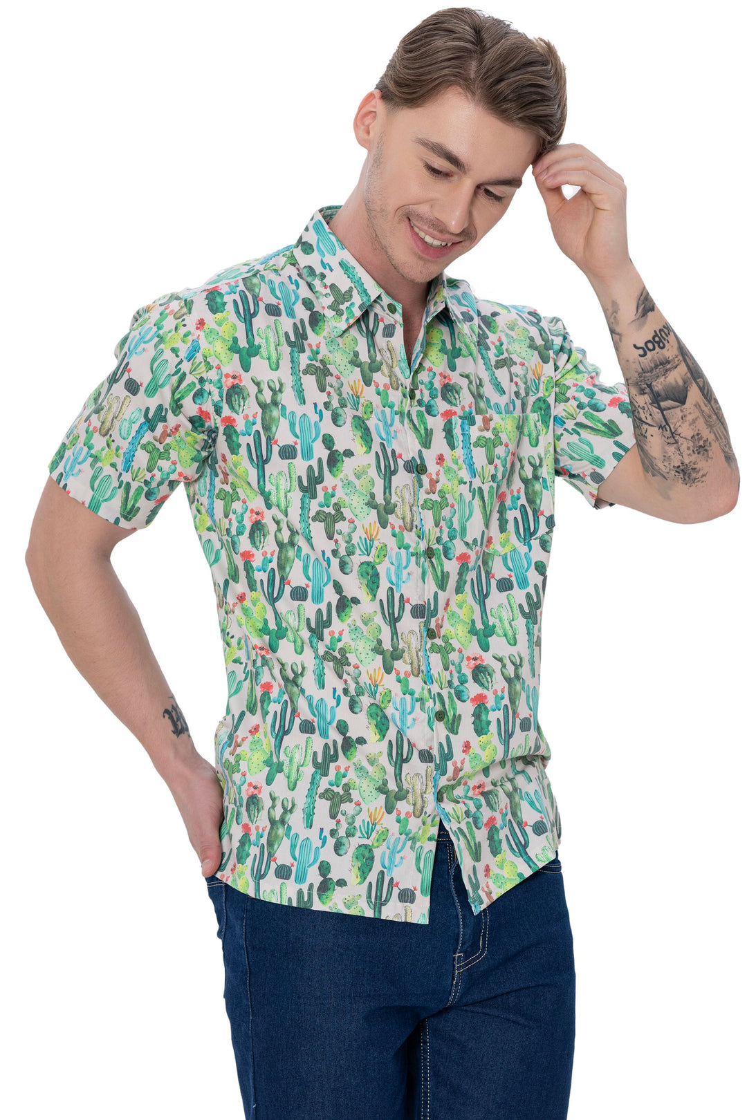 HAPPY BAY Mens Hawaiian Shirts Green Cactus P07619
