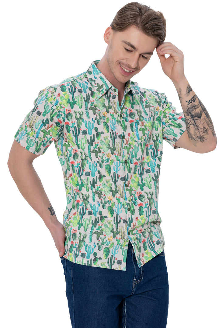 HAPPY BAY Mens Hawaiian Shirts Green Cactus P07619