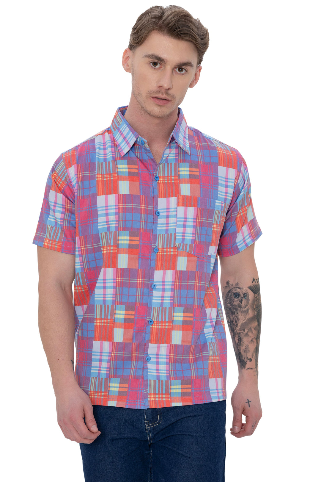 HAPPY BAY Mens Hawaiian Shirts Multi Checks P07621