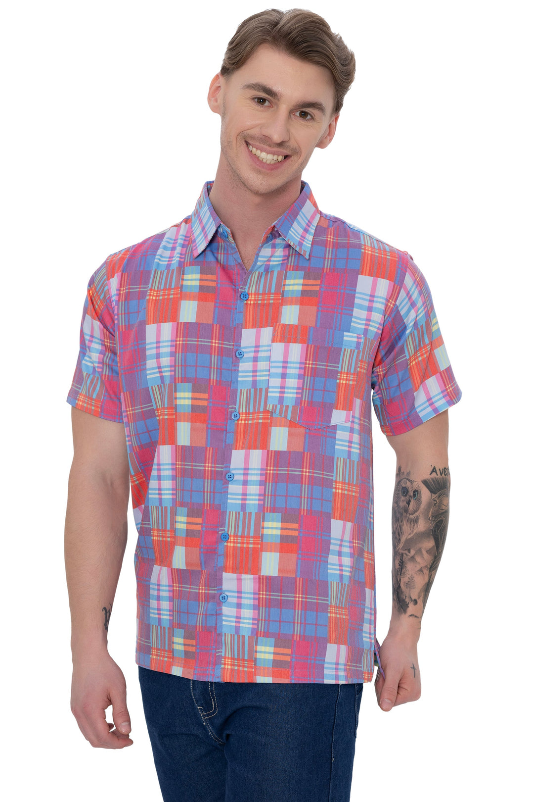 HAPPY BAY Mens Hawaiian Shirts Multi Checks P07621