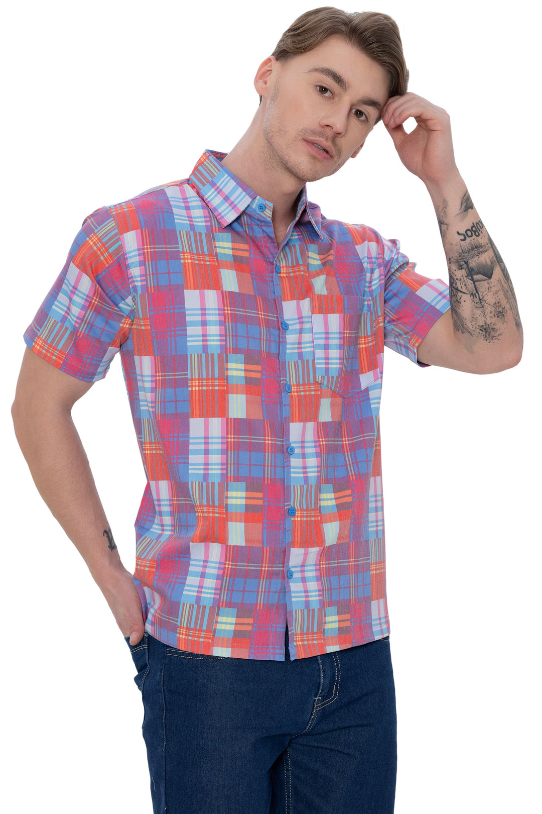 HAPPY BAY Mens Hawaiian Shirts Multi Checks P07621