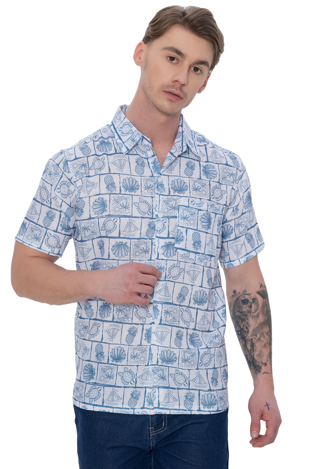 HAPPY BAY Mens Hawaiian Shirts Grey Turtle P07626