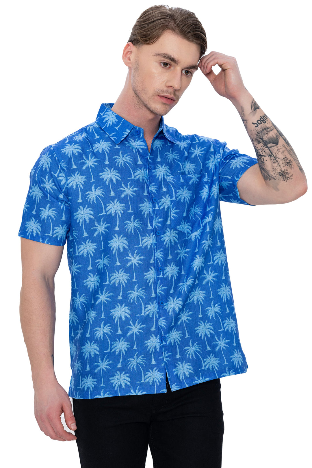 HAPPY BAY Mens Hawaiian Shirts Blue Allover Palm Tree P07628