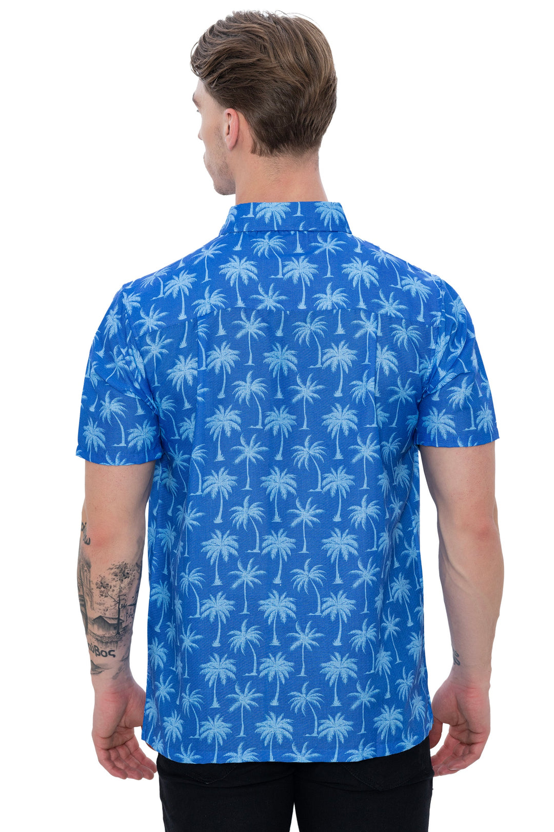HAPPY BAY Mens Hawaiian Shirts Blue Allover Palm Tree P07628
