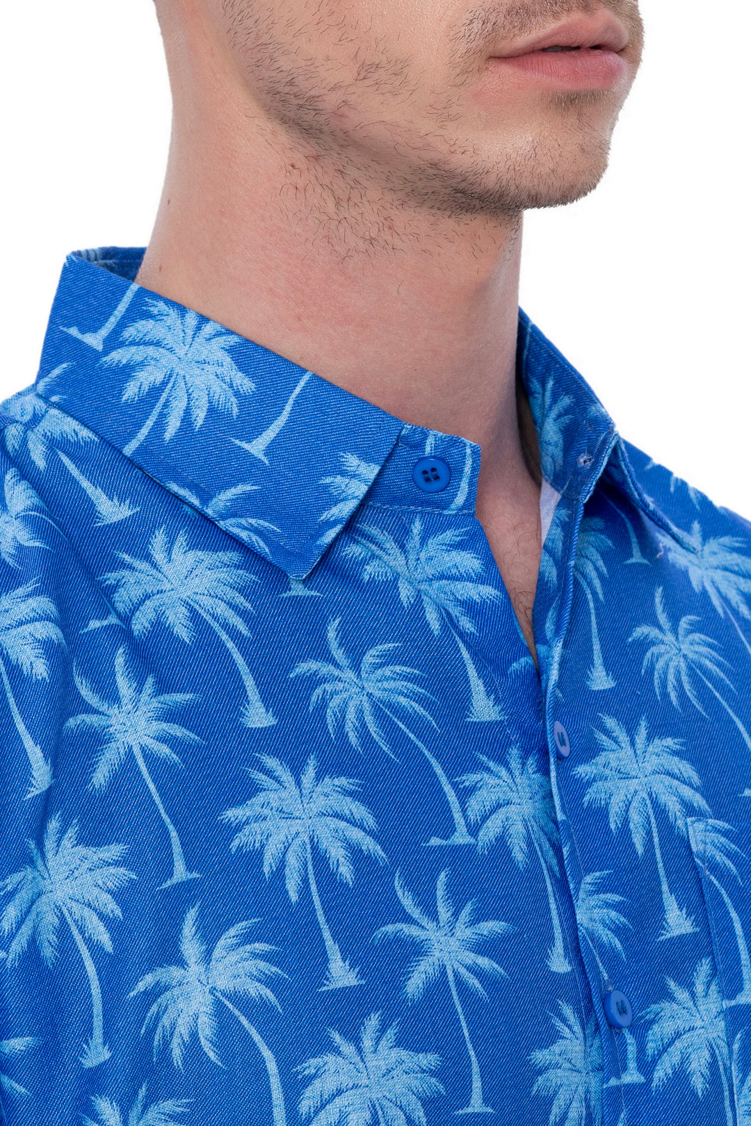 HAPPY BAY Mens Hawaiian Shirts Blue Allover Palm Tree P07628