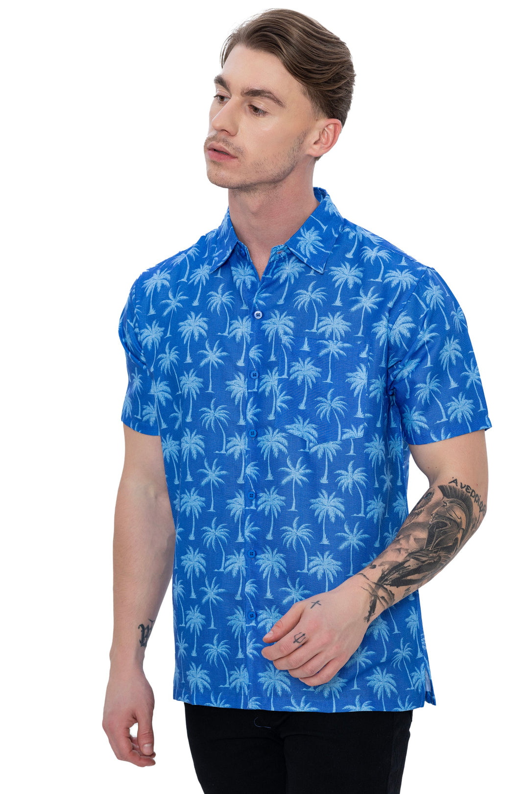 HAPPY BAY Mens Hawaiian Shirts Blue Allover Palm Tree P07628