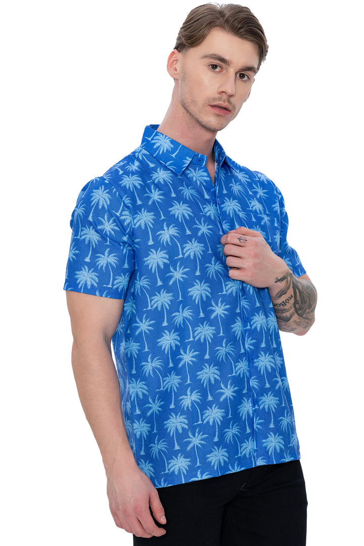 HAPPY BAY Mens Hawaiian Shirts Blue Allover Palm Tree P07628