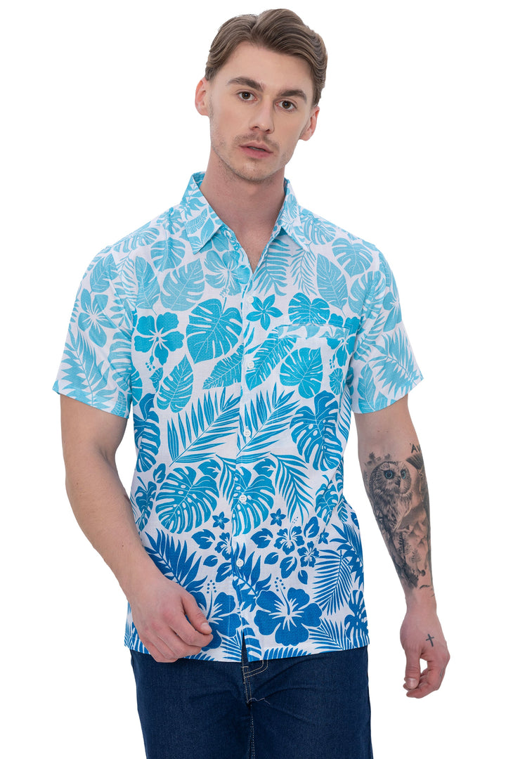 HAPPY BAY Mens Hawaiian Shirts Tropical Blue P07634