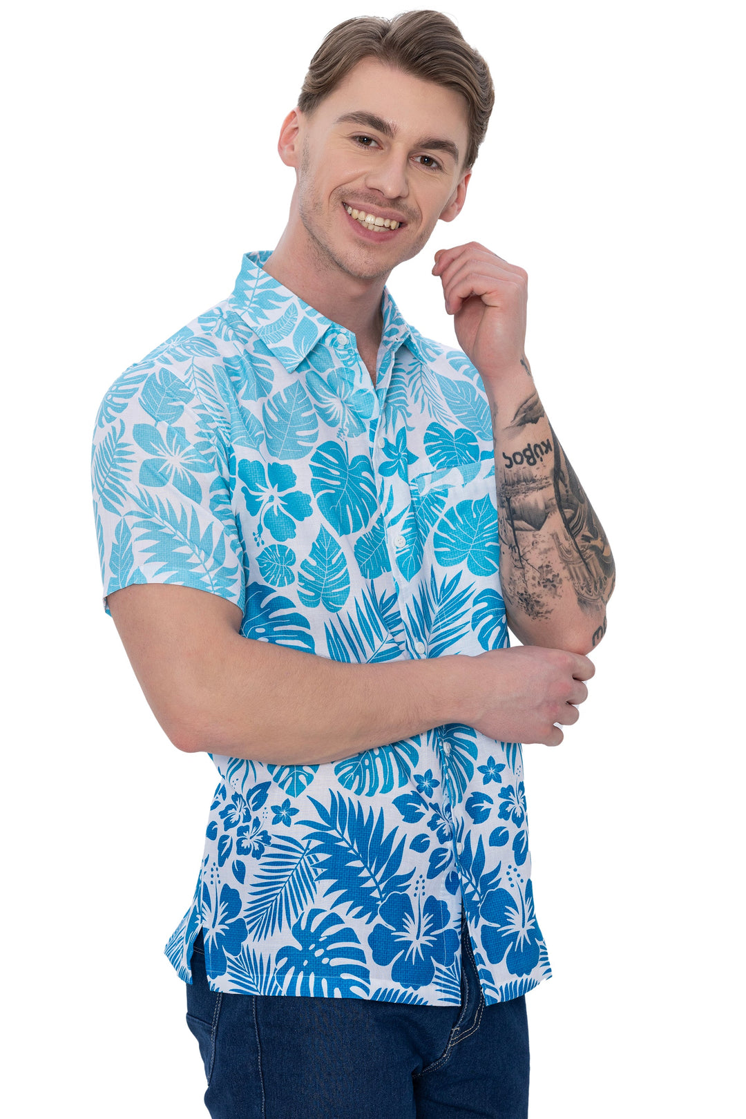 HAPPY BAY Mens Hawaiian Shirts Tropical Blue P07634