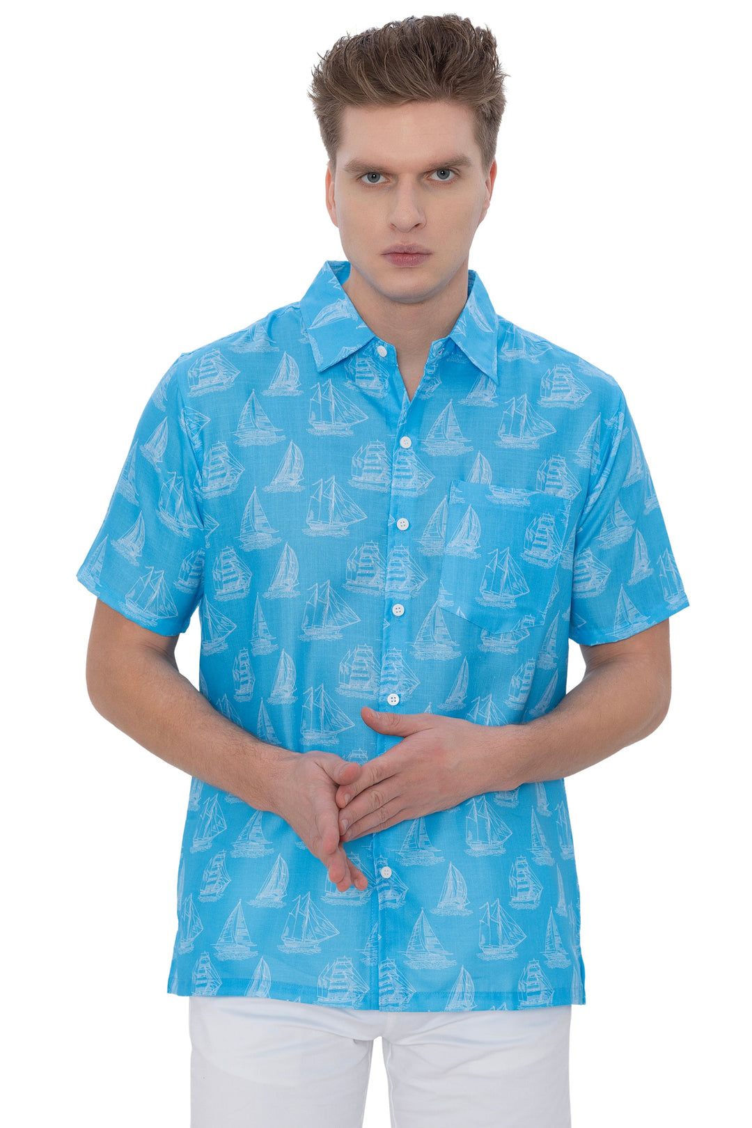HAPPY BAY Mens Hawaiian Shirts Blue Boat P07636