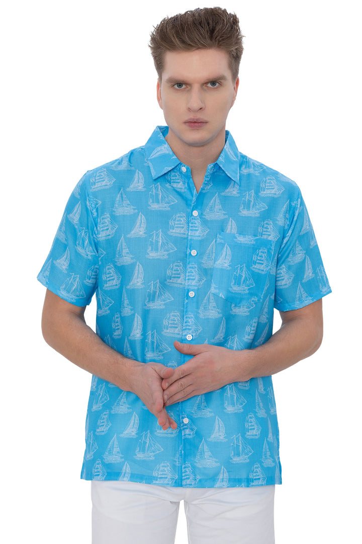 HAPPY BAY Mens Hawaiian Shirts Blue Boat P07636