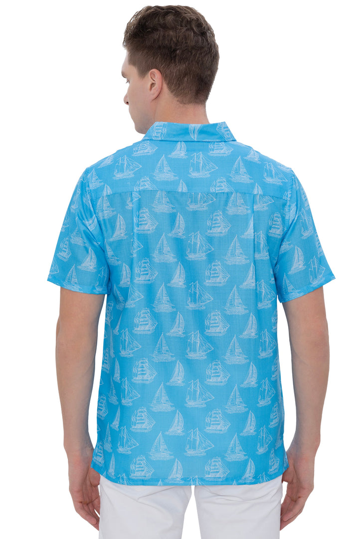 HAPPY BAY Mens Hawaiian Shirts Blue Boat P07636
