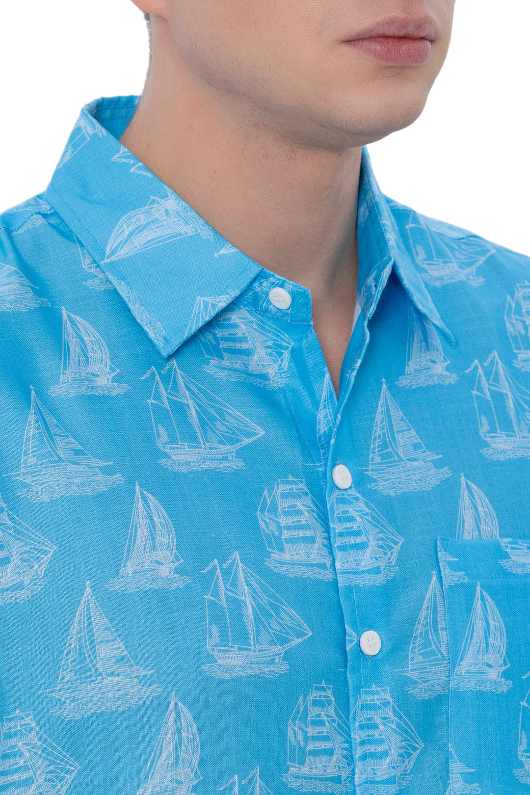 HAPPY BAY Mens Hawaiian Shirts Blue Boat P07636
