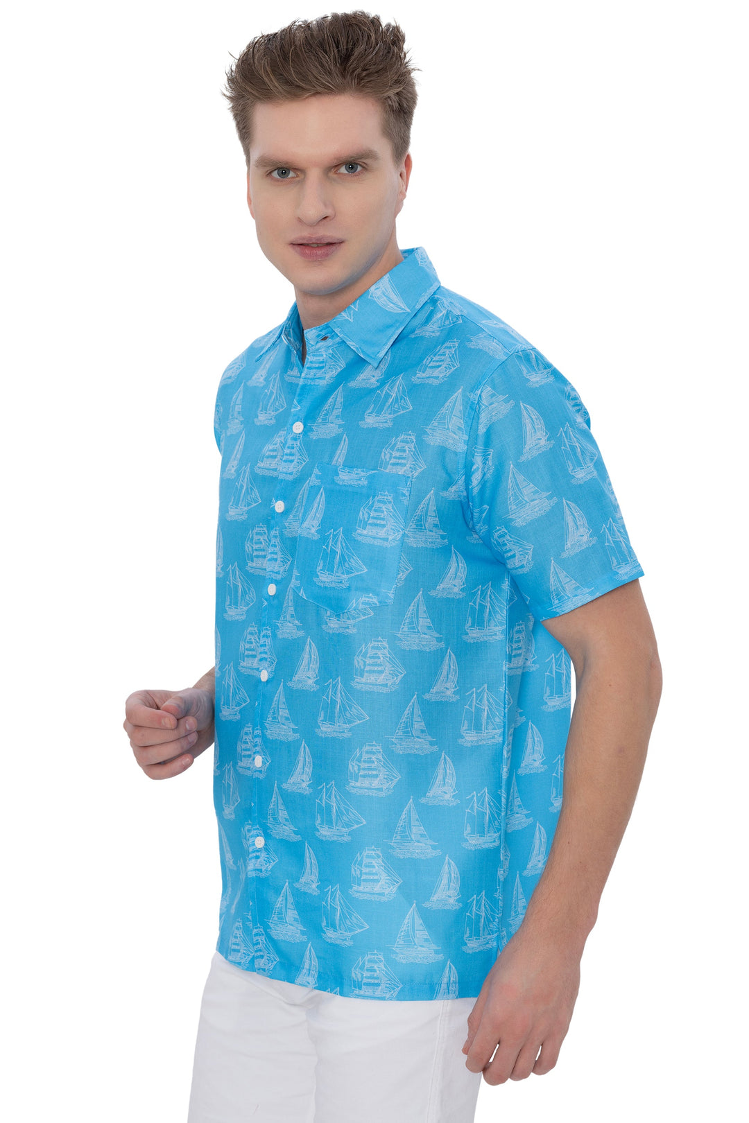 HAPPY BAY Mens Hawaiian Shirts Blue Boat P07636