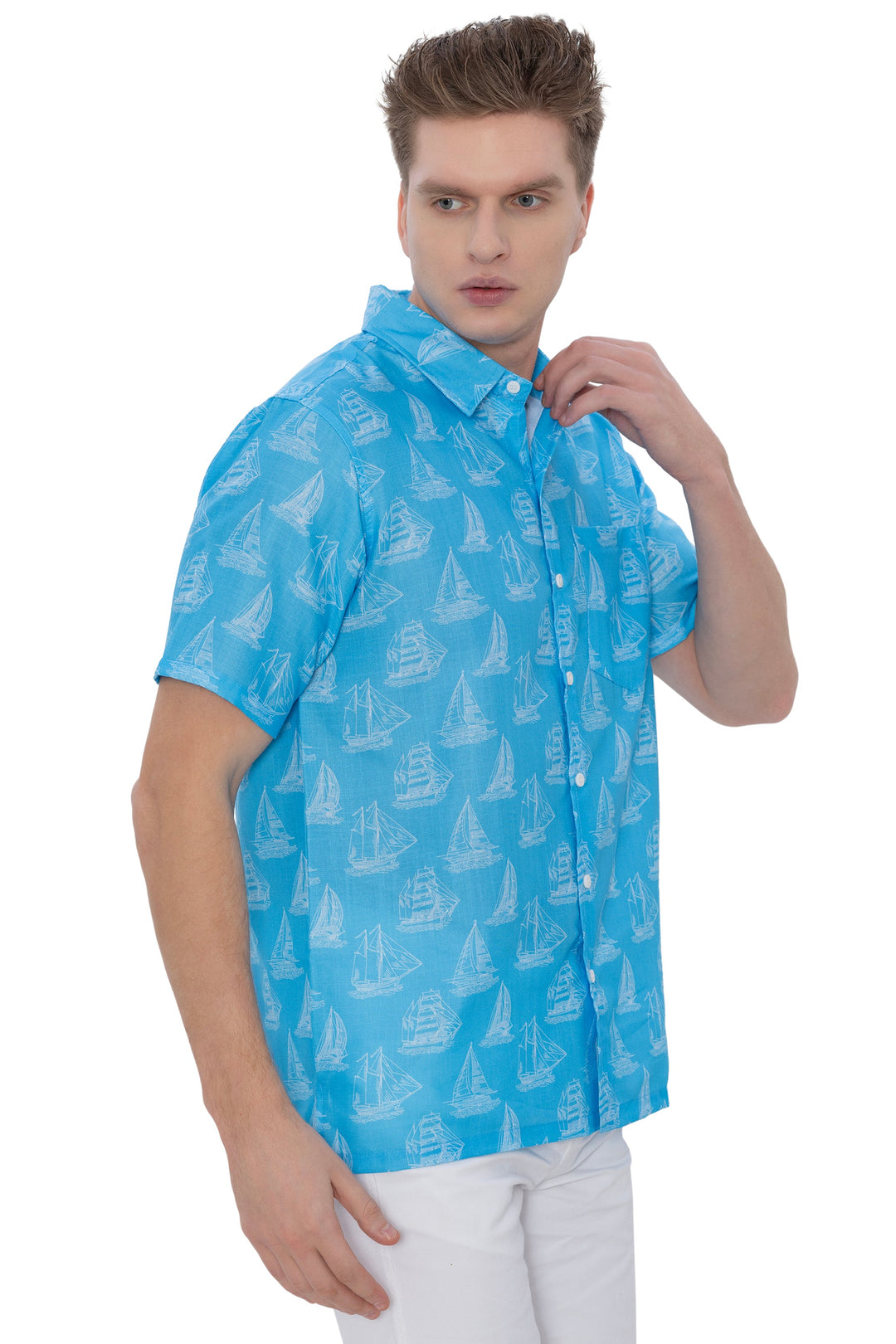 HAPPY BAY Mens Hawaiian Shirts Blue Boat P07636