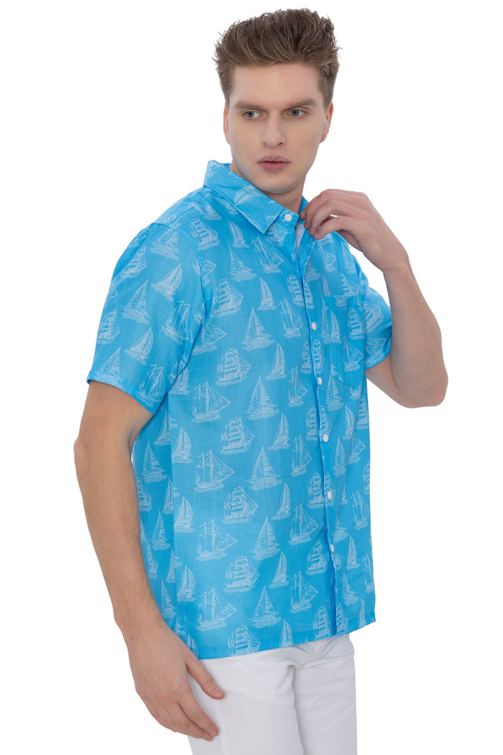 HAPPY BAY Mens Hawaiian Shirts Blue Boat P07636