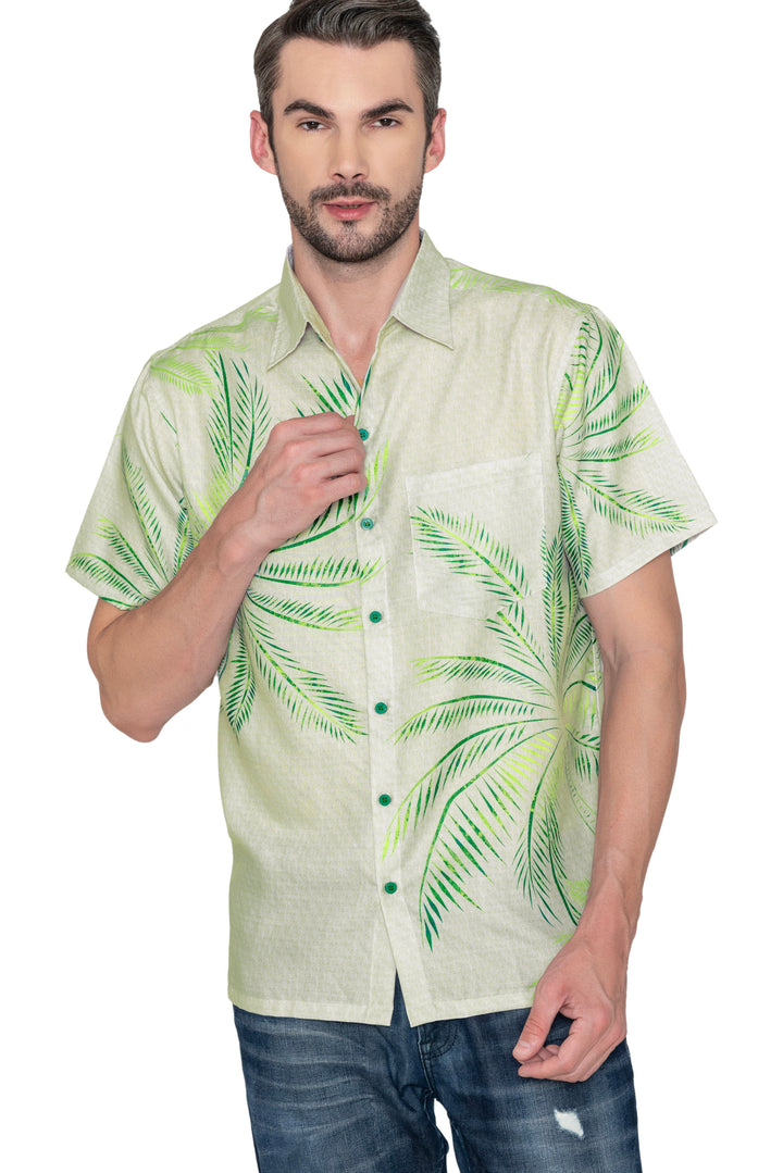 HAPPY BAY Mens Hawaiian Shirts Beige Leaf P07668