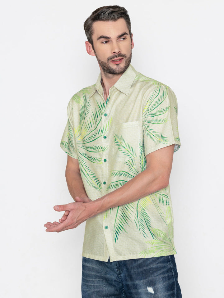 HAPPY BAY Mens Hawaiian Shirts Beige Leaf P07668