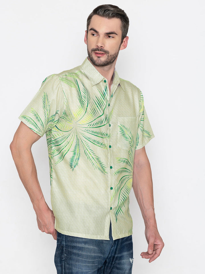 HAPPY BAY Mens Hawaiian Shirts Beige Leaf P07668