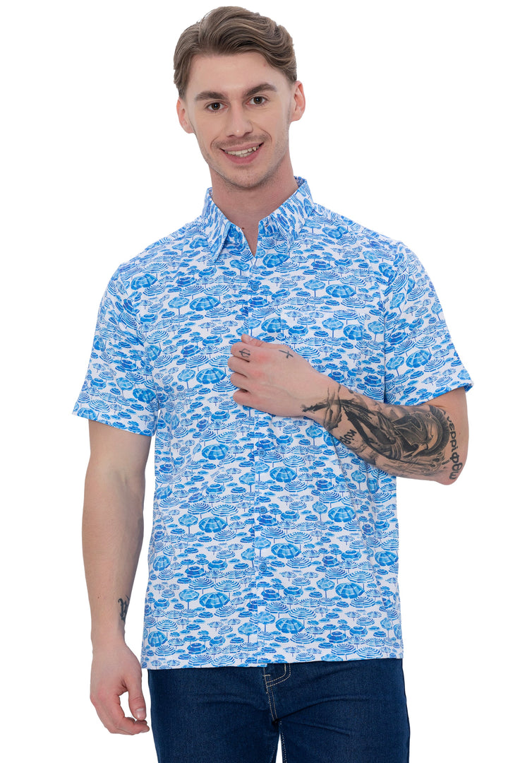 HAPPY BAY Mens Hawaiian Shirts Blue Coastal Umbrella P07727