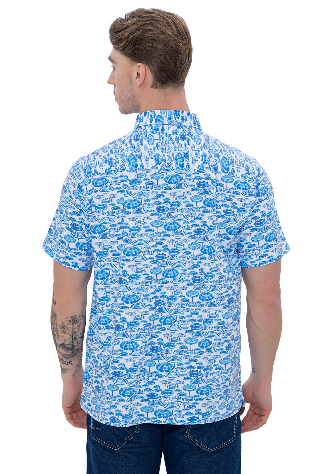 HAPPY BAY Mens Hawaiian Shirts Blue Coastal Umbrella P07727