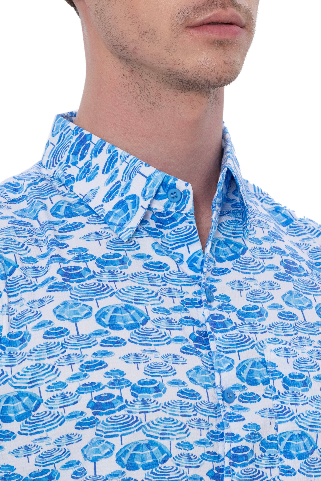 HAPPY BAY Mens Hawaiian Shirts Blue Coastal Umbrella P07727