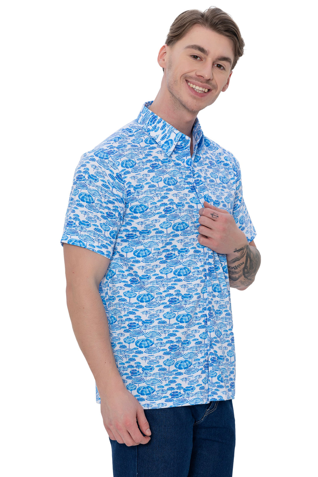 HAPPY BAY Mens Hawaiian Shirts Blue Coastal Umbrella P07727