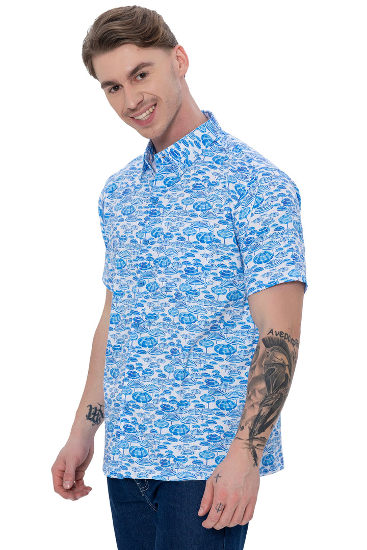 HAPPY BAY Mens Hawaiian Shirts Blue Coastal Umbrella P07727