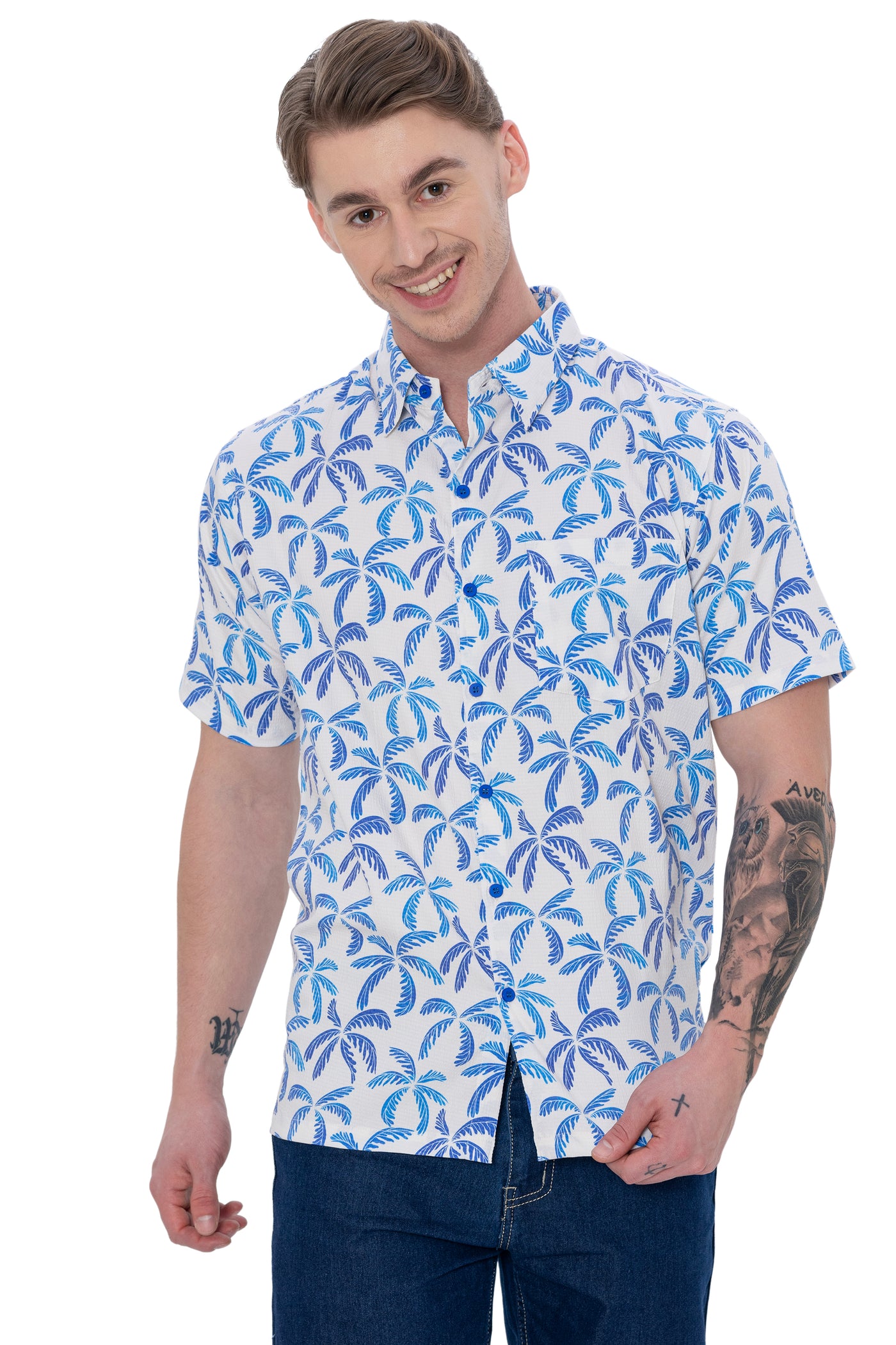 HAPPY BAY Mens Hawaiian Shirts Blue Floral Casual P07730