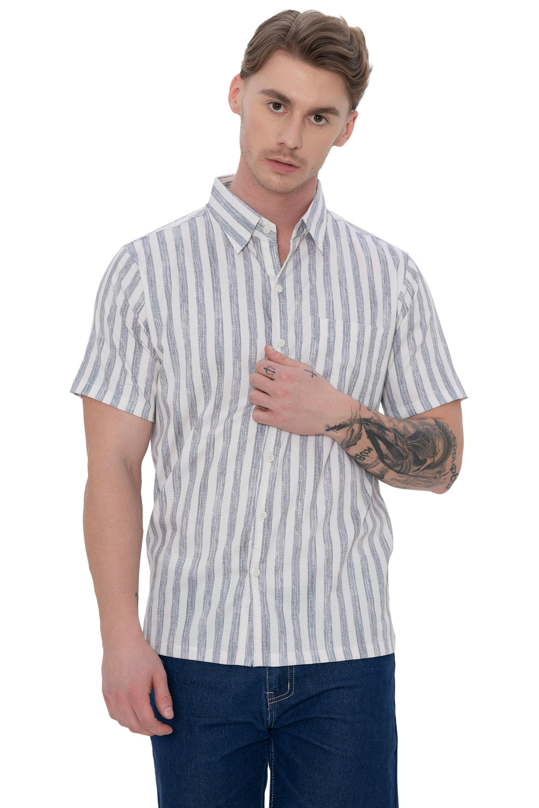 HAPPY BAY Mens Hawaiian Shirts Black Striped P07732