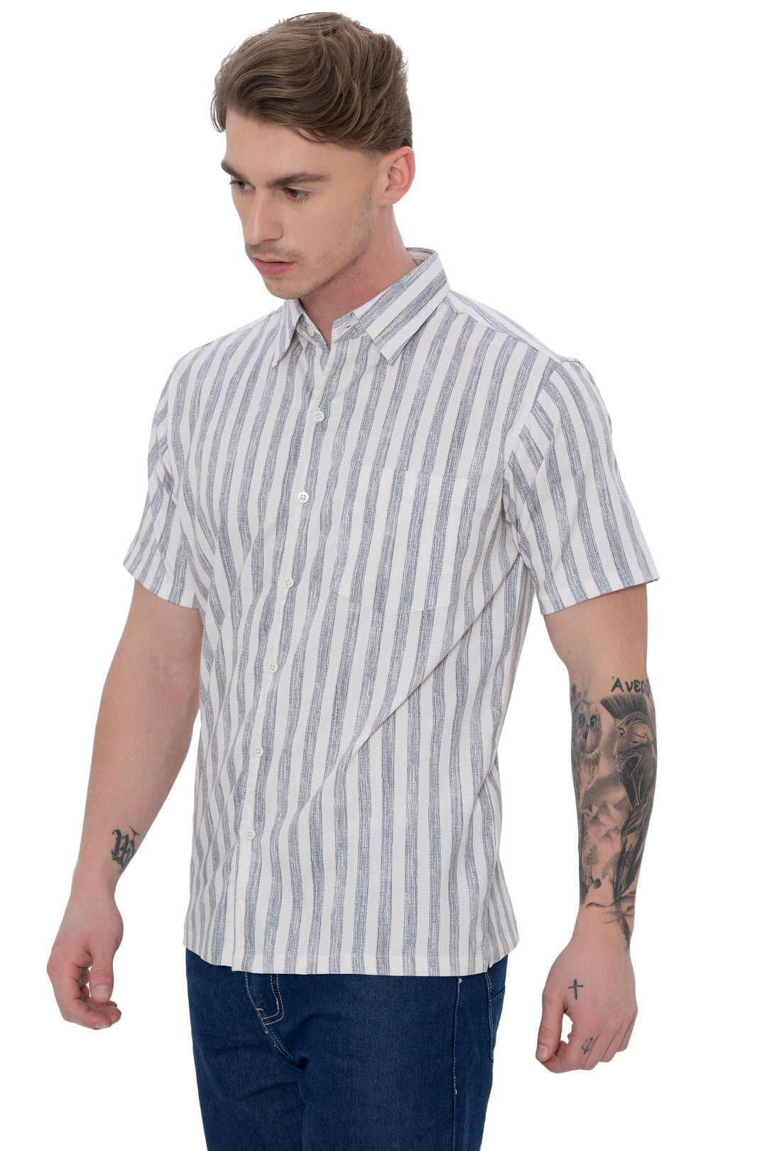 HAPPY BAY Mens Hawaiian Shirts Black Striped P07732