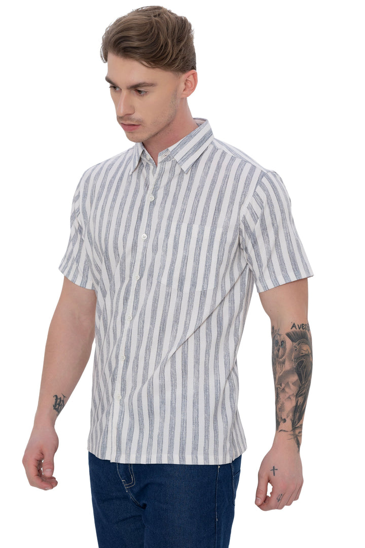 HAPPY BAY Mens Hawaiian Shirts Black Striped P07732