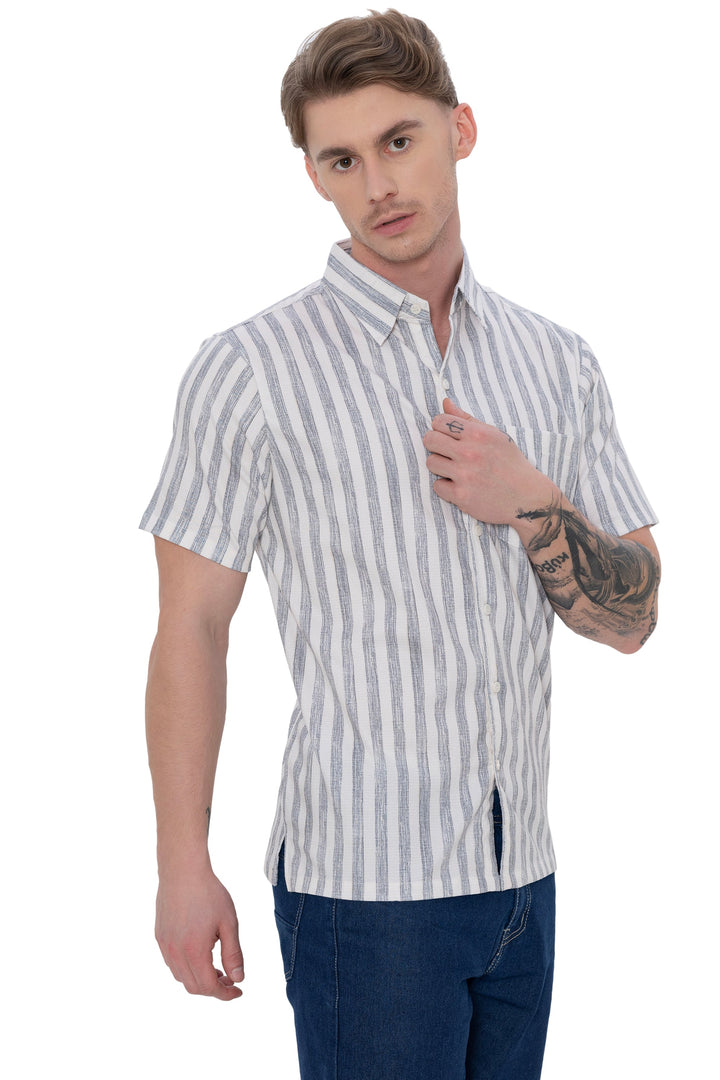 HAPPY BAY Mens Hawaiian Shirts Black Striped P07732