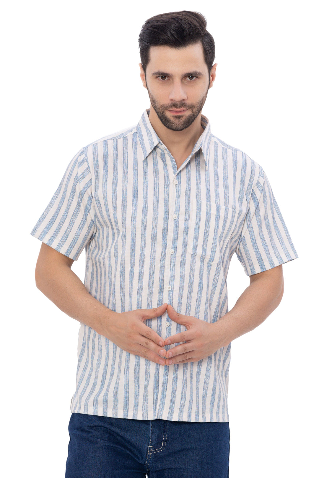HAPPY BAY Mens Hawaiian Shirts Blue Striped P07733