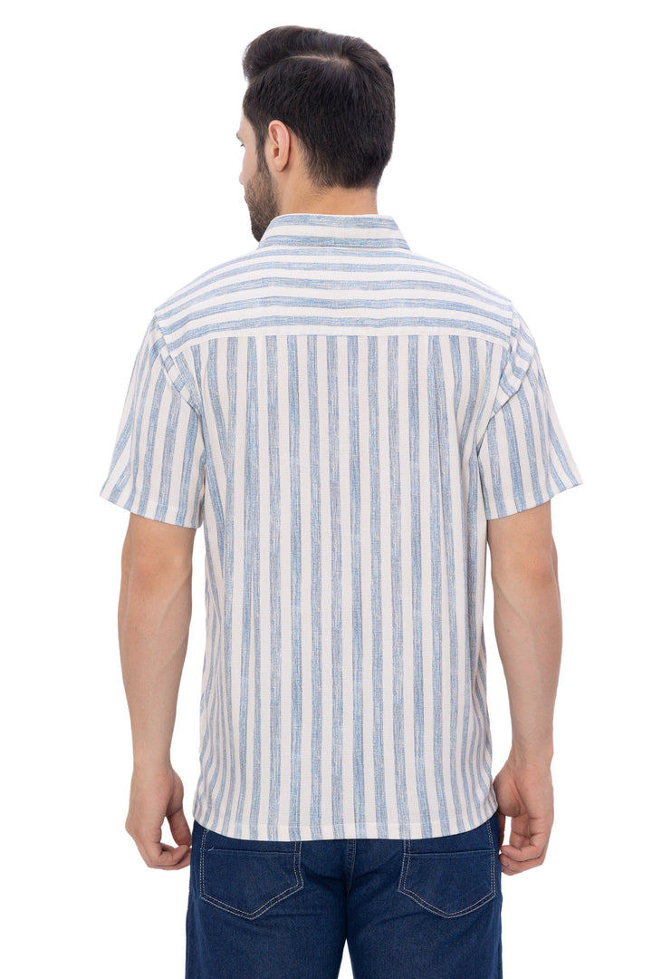 HAPPY BAY Mens Hawaiian Shirts Blue Striped P07733