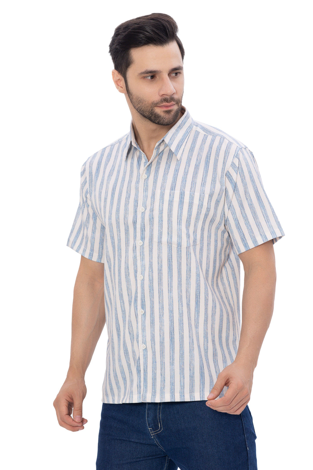 HAPPY BAY Mens Hawaiian Shirts Blue Striped P07733