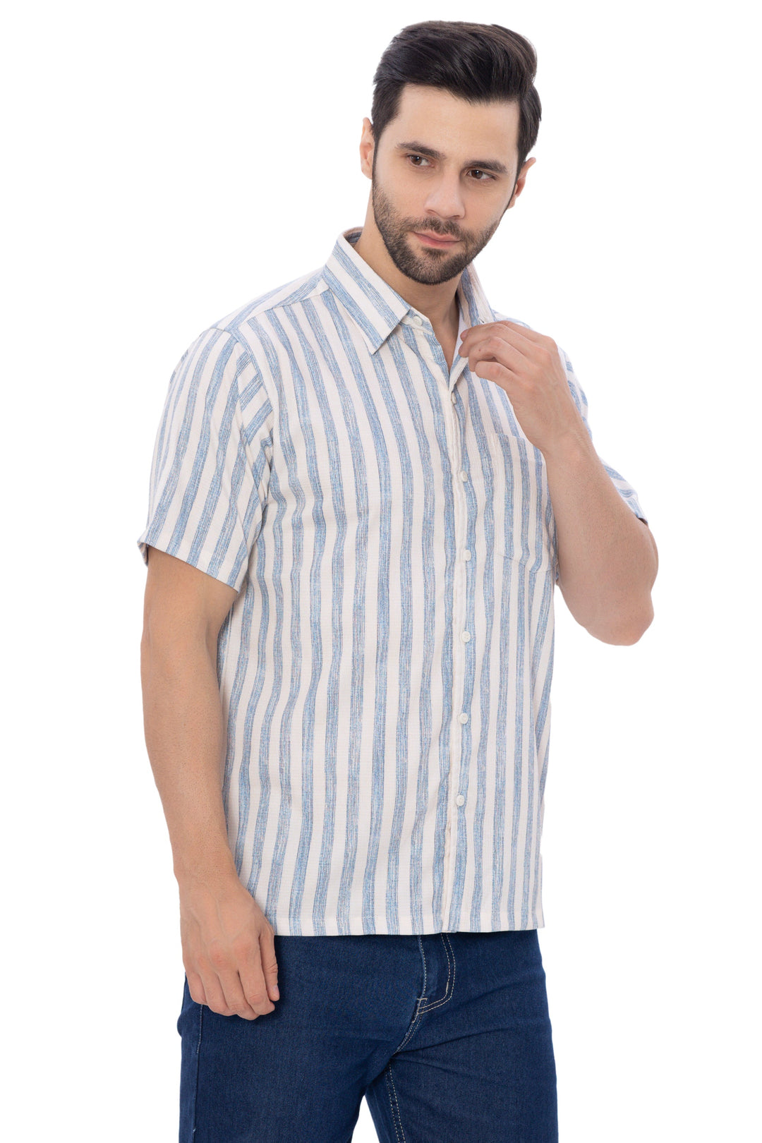 HAPPY BAY Mens Hawaiian Shirts Blue Striped P07733