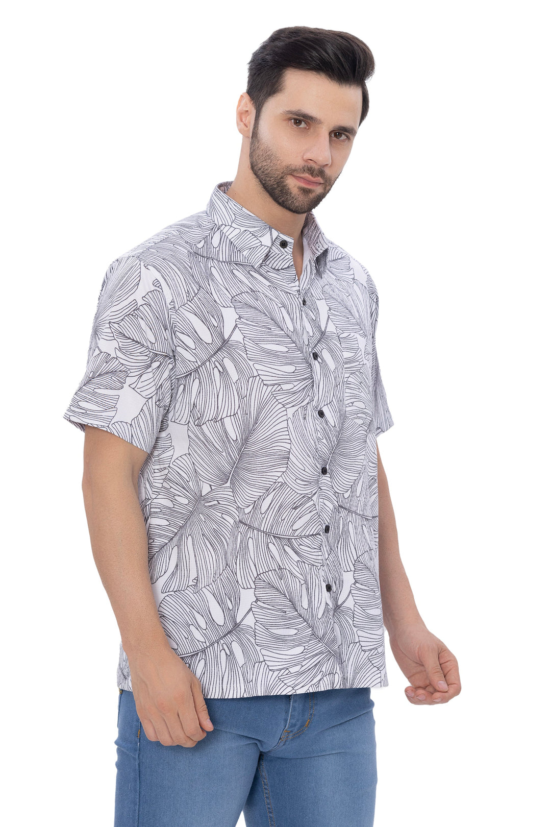 HAPPY BAY Mens Hawaiian Shirts Black Monstera Leaf P07734