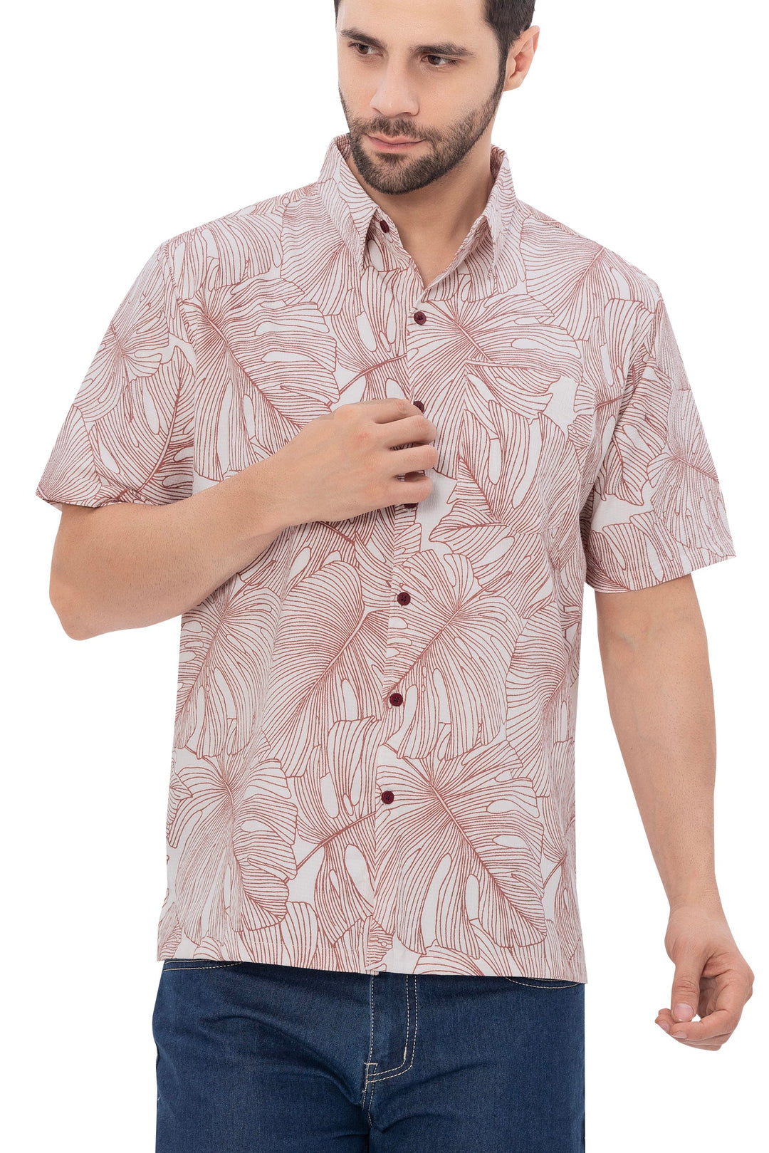HAPPY BAY Mens Hawaiian Shirts Brown Monstera Leaf P07735
