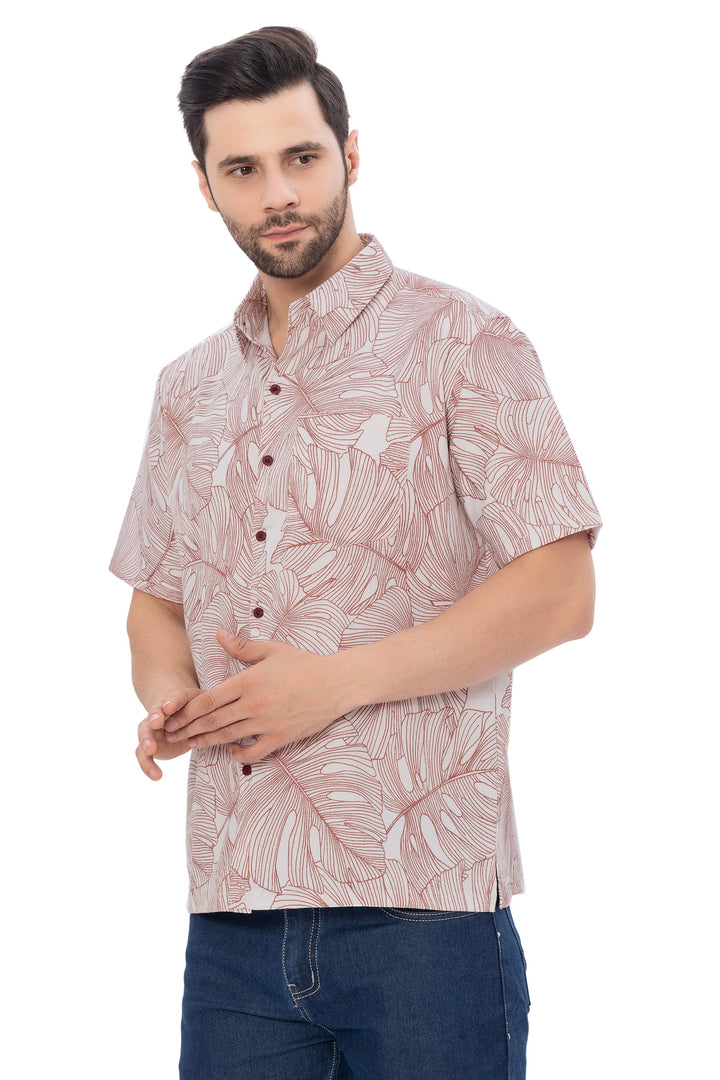 HAPPY BAY Mens Hawaiian Shirts Brown Monstera Leaf P07735