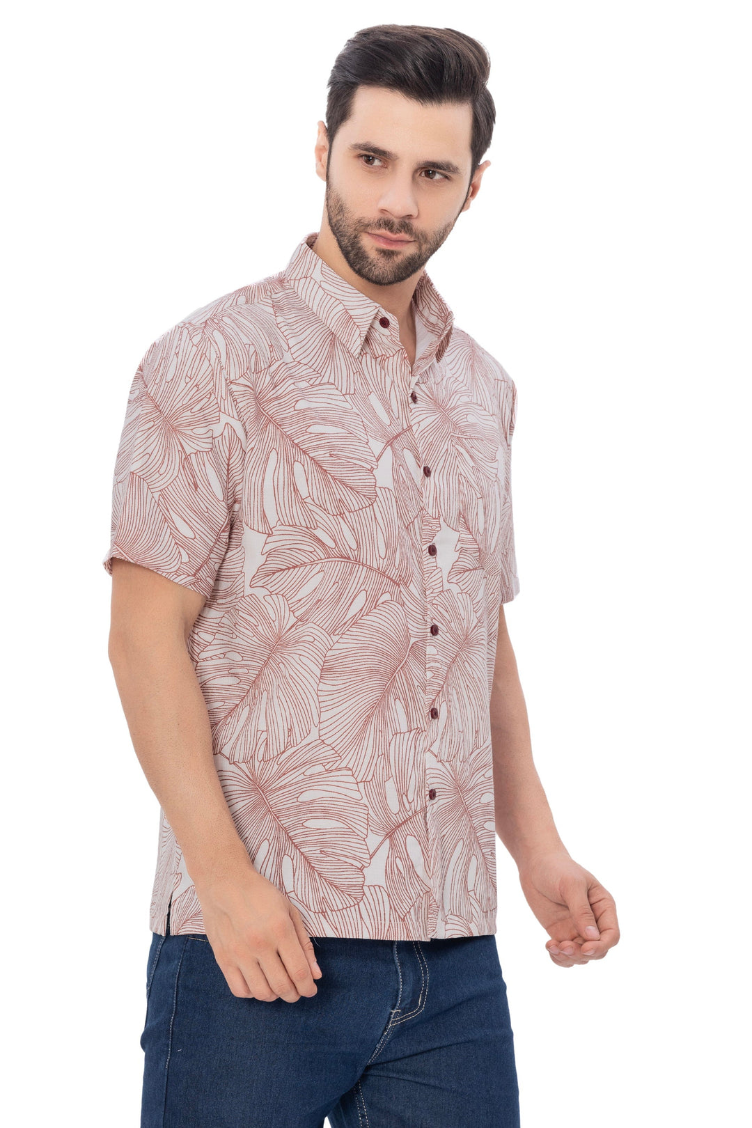 HAPPY BAY Mens Hawaiian Shirts Brown Monstera Leaf P07735